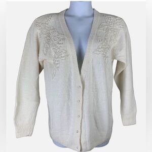 WORTHINGTON Medium White Cardigan  Floral Beaded Knit V-Neck Long Sleeve